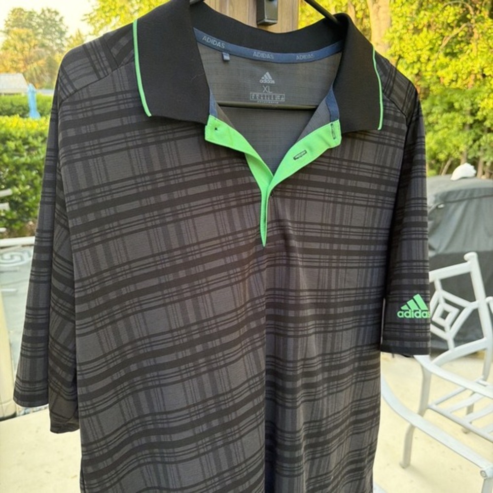 Adidas Polo Shirt XL Gray Plaid Green Accent Golf Primegreen.   ‎    5158